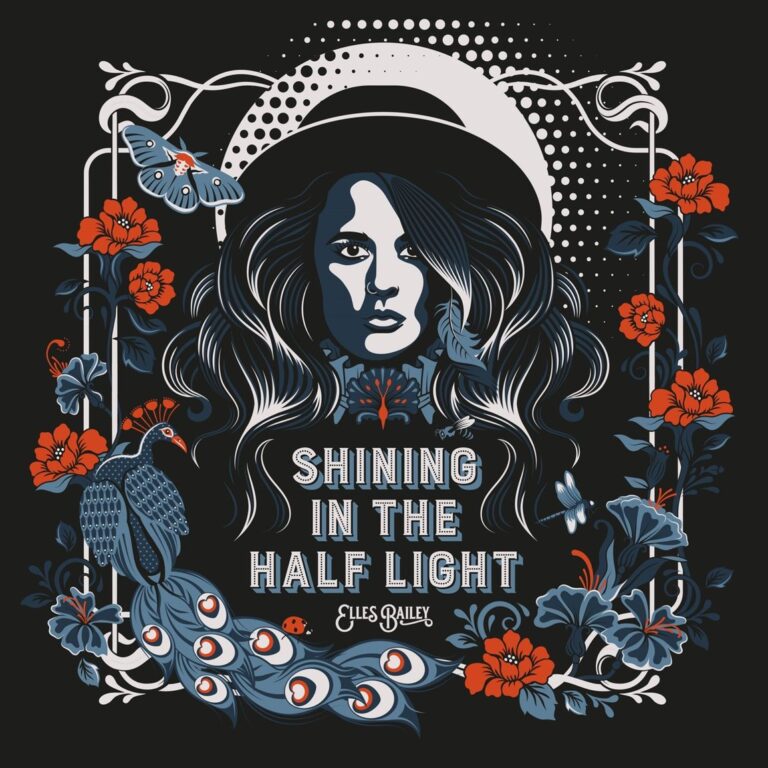 Illustratives Albumcover zu „Shining in the Half Light“ von Elles Bailey mit stilisiertem Porträt, floralen Elementen und dunkler Farbgebung.
