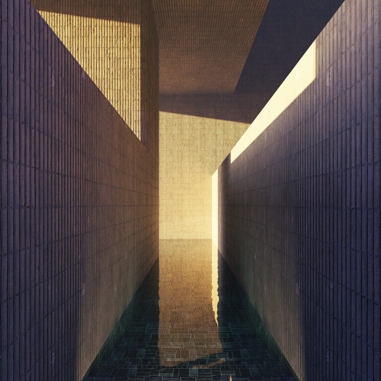 Abstrakte, streng symmetrische Architektur mit schmalem Wasserbecken und hartem Licht, kühl und distanziert inszeniert.