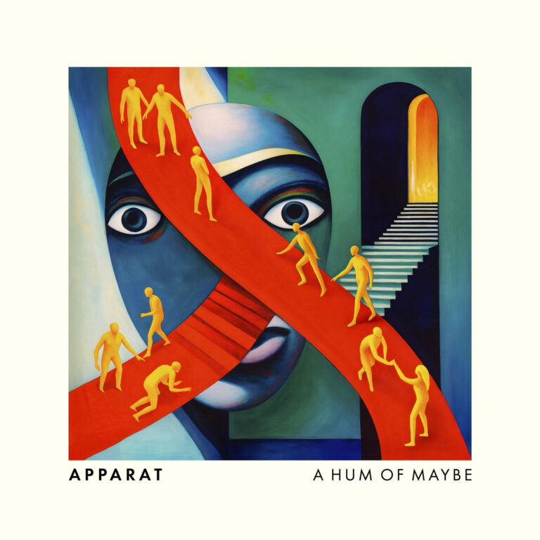 Surreal gestaltetes Cover zu Apparat – A Hum Of Maybe mit maskenhaftem Gesicht und roten Wegen, auf denen Figuren balancieren.