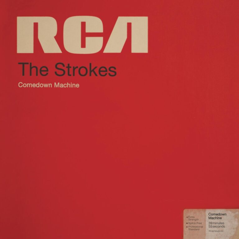 Rotes Albumcover von The Strokes mit großem RCA-Schriftzug und dem Titel Comedown Machine im nüchternen Layout.
