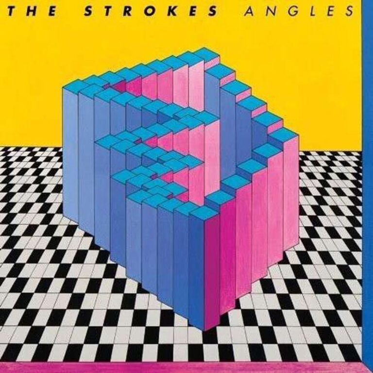 Albumcover von The Strokes – Angles mit geometrischem, perspektivisch verschobenem Kubus in Blau und Pink auf schwarz-weißem Rasterboden vor gelbem Hintergrund.
