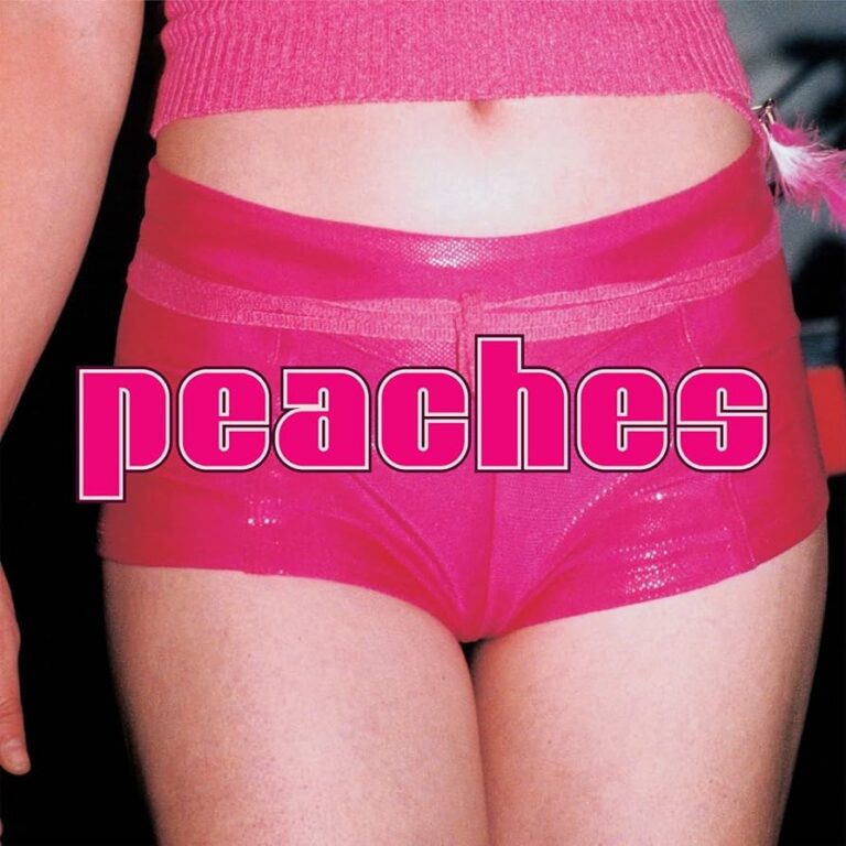 Peaches’ Albumcover mit pinkem Schriftzug über dem Körper als provokante Selbstinszenierung.
