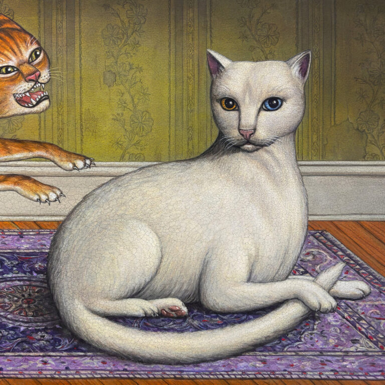 Illustrierte weiße Katze mit unterschiedlich gefärbten Augen auf einem Teppich, im Hintergrund eine zweite Katze in angespannter Haltung.