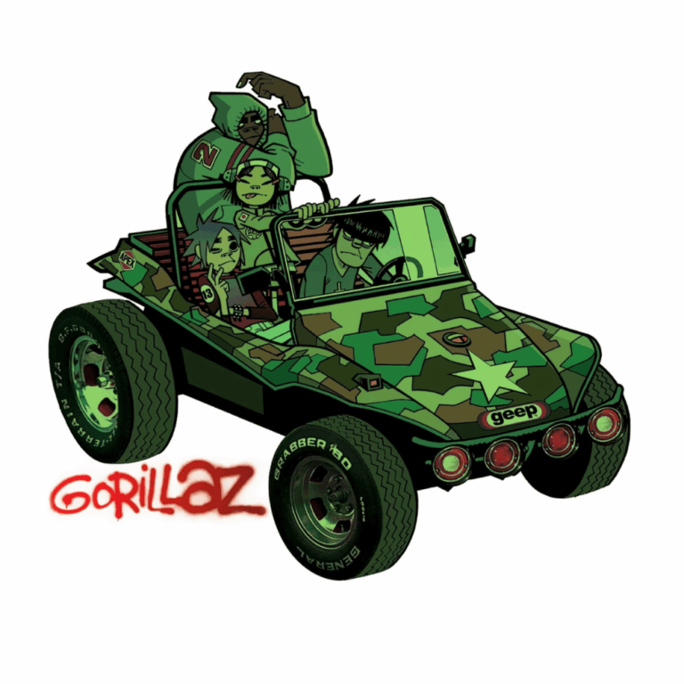 Comicartig gestaltetes Albumcover mit animierter Figur in Militärfahrzeug, stilisierte Ästhetik im Illustrationsstil.
