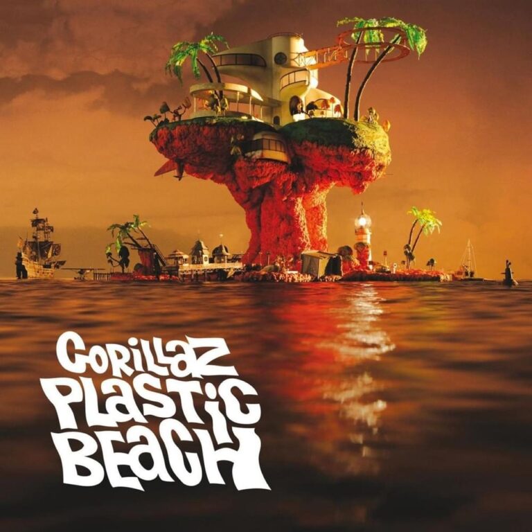 Künstliche Insel aus Abfall im Meer als symbolische Bühne für das Konzeptalbum Plastic Beach von Gorillaz.