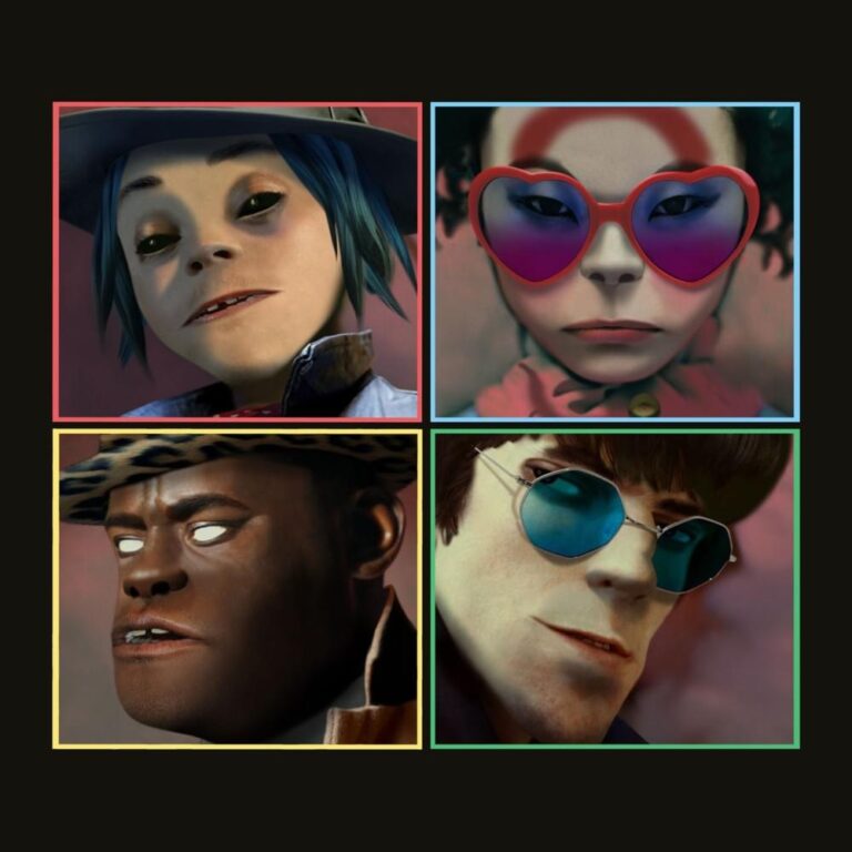Das quadratische Bild zeigt vier Einzelporträts der virtuellen Bandmitglieder von Gorillaz, jeweils in einem farbigen Rahmen (Rot, Blau, Gelb, Grün) auf schwarzem Hintergrund angeordnet. Die Charaktere sind in einem hyperrealistischen 3D-Stil mit detaillierten Hauttexturen und individuellen Accessoires wie Sonnenbrillen und Hüten dargestellt.
