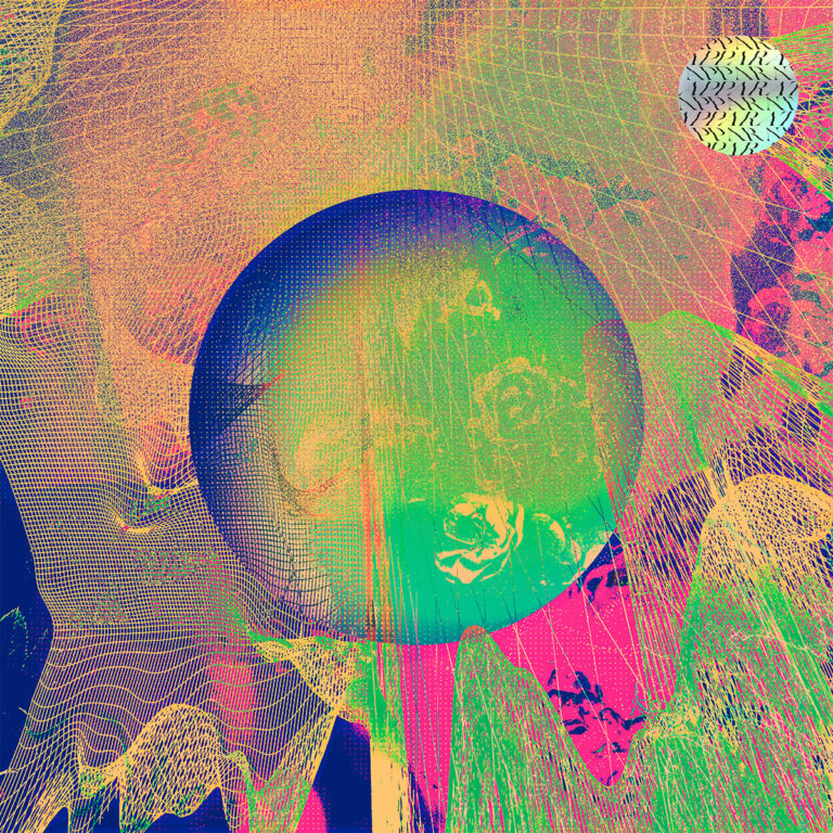 Abstraktes Artwork des Albums LP5 von Apparat mit einem zentralen, bläulich-grünen Kreis auf einem strukturierten Hintergrund in Orange, Magenta und Gelb, überlagert von feinen Linienrastern und einem holografischen Sticker oben rechts.