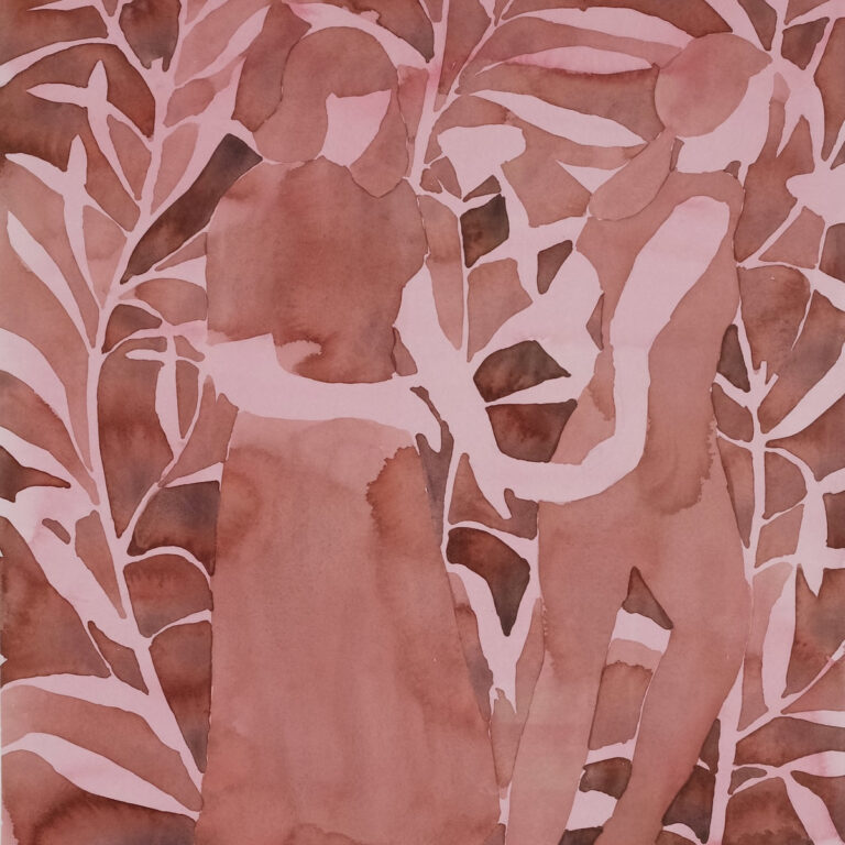 Eine abstrakte Aquarellmalerei in rötlichen Erdtönen zeigt die Umrisse zweier Personen inmitten von pflanzlichen Formen.
