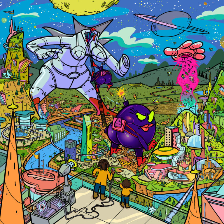 Bunte, cartoonhafte Science-Fiction-Landschaft im Stil von Genndy Tartakovsky mit riesigen Robotergestalten, lila Kreaturen sowie einer futuristischen Stadt unter einem Sternenhimmel mit Planeten.