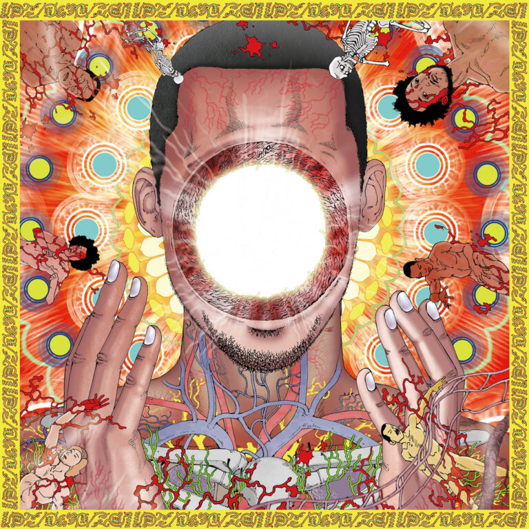 Das quadratische Albumcover zeigt die Illustration eines Männerkopfes in der Frontalansicht vor einem strahlenden, kreisförmigen Hintergrund aus konzentrischen Mustern. Anstelle des Gesichts befindet sich ein großes, weiß leuchtendes Loch mit ausgefransten, organischen Rändern. Um den Kopf herum schweben verstümmelte Körperteile und kleine menschliche Figuren, die von roten, aderlassartigen Linien durchzogen sind. Der Stil erinnert an anatomische Zeichnungen gepaart mit psychedelischer Manga-Ästhetik.
