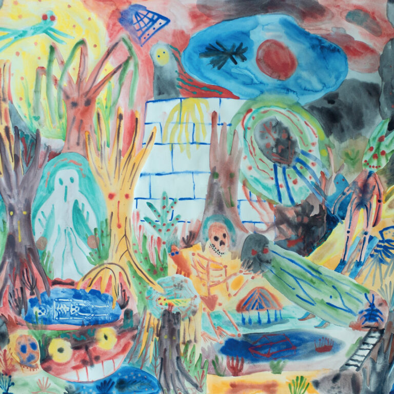 Ein farbenfrohes, chaotisches Aquarellbild zeigt Skelette, Geister sowie abstrakte Naturformen in einer apokalyptischen Landschaft.