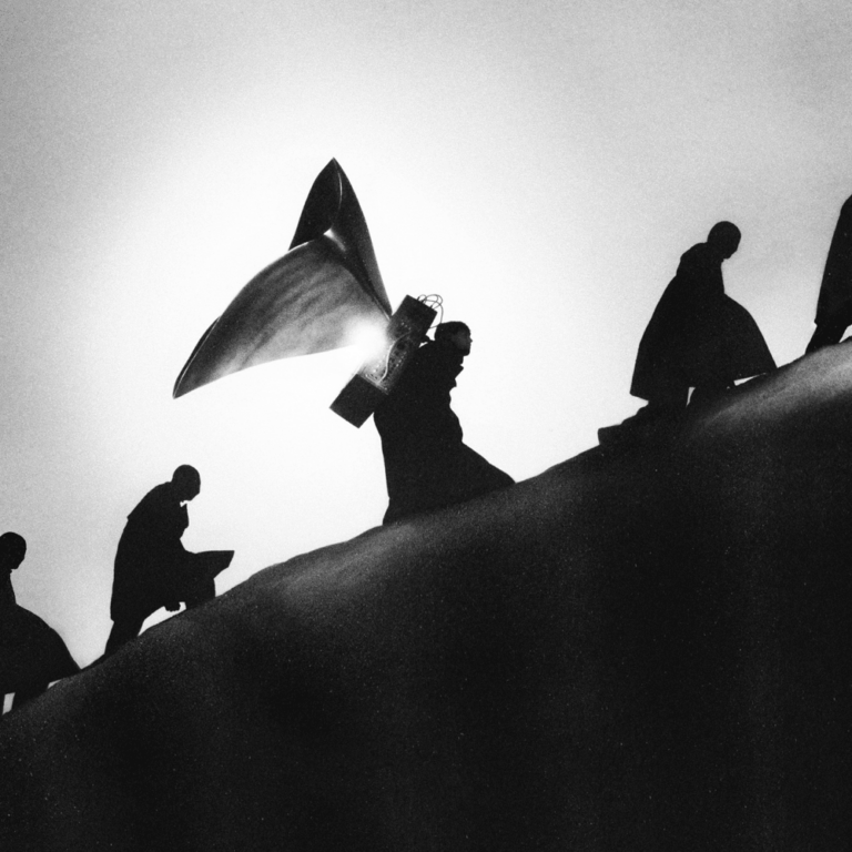 Schwarz-weiße Silhouette mehrerer Personen, die einen steilen Hügel hinaufsteigen, wobei eine Gestalt eine große Flagge oder ein Tuch trägt.