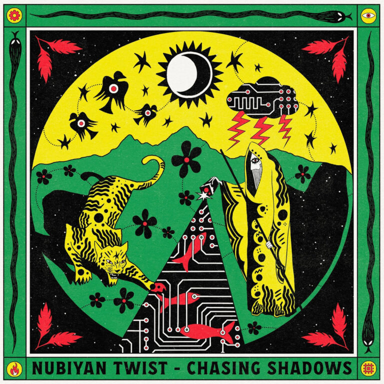 Grafisches Albumcover im Stil einer Folk-Art-Illustration mit gelbem Kreismotiv, einer gelben Raubkatze, einer verhüllten Gestalt in Gelb und roten Fischen auf schwarzem Grund mit Schaltkreis-Mustern.