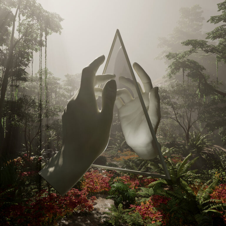 Das Cover zeigt zwei weiße, skulpturale Hände vor einem nebligen Dschungelhintergrund, die durch einen schwebenden, dreieckigen Spiegelrahmen greifen.