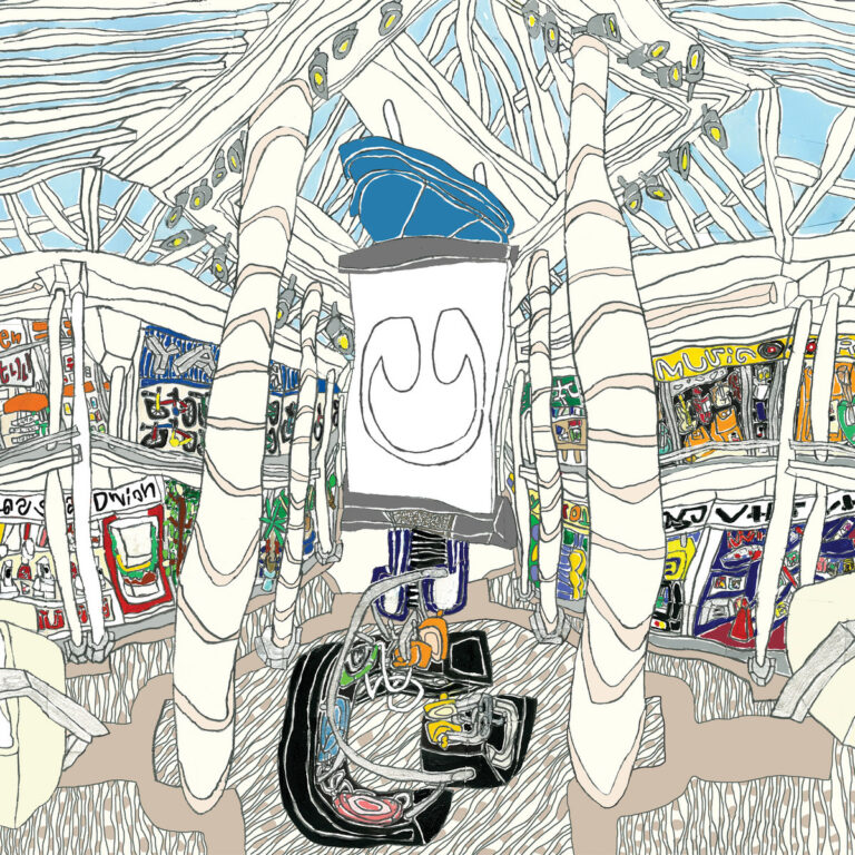 Eine expressionistische, skizzenhafte Zeichnung eines futuristischen oder surrealen Innenraums, der an ein Einkaufszentrum oder ein Atrium erinnert. Weiße, säulenartige Strukturen mit Querlinien dominieren das Bild, während im Hintergrund bunte Schilder und Symbole angedeutet sind. In der Mitte befindet sich ein abstraktes, blau-weißes Objekt, das an einen Monitor oder ein Schild auf einem Sockel erinnert, umgeben von wirbelnden, technischen Linien am Boden.