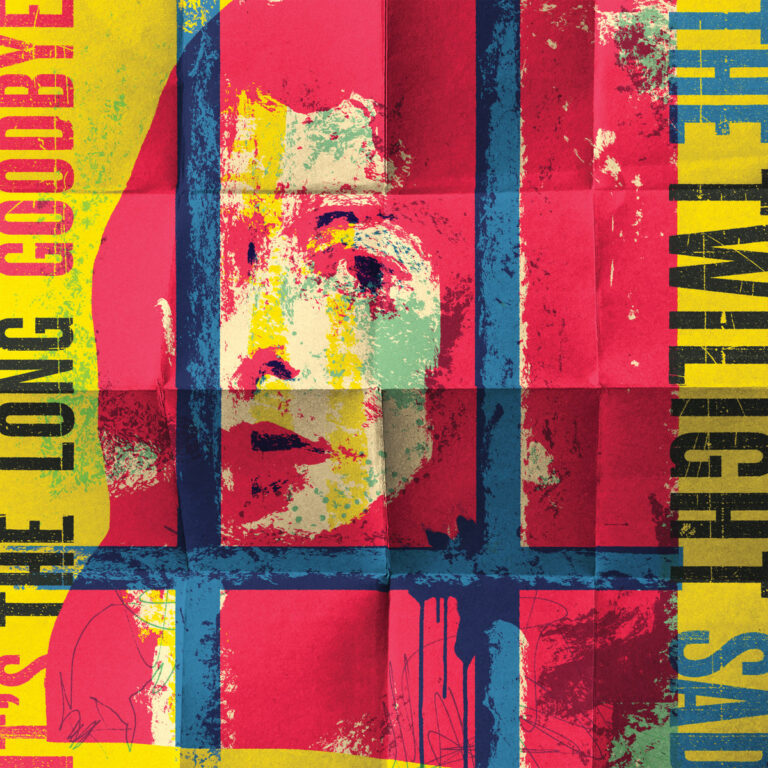 Ein quadratisches Albumcover im Stil eines Pop-Art-Siebdrucks mit starken Texturen und Faltspuren. Zentral ist ein verfremdetes Porträt eines Gesichts in Rot-, Gelb- und Blautönen zu sehen, das durch dunkle vertikale und horizontale Linien wie durch ein Fensterkreuz geteilt wird. Am linken Rand steht vertikal der Text "IT'S THE LONG GOODBYE", am rechten Rand "THE TWILIGHT SAD".