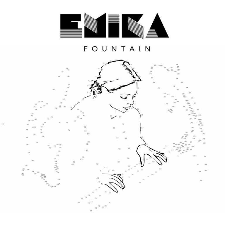 Schwarz-weißes Albumcover von Emika für das Album Fountain. Im oberen Drittel steht der Name EMIKA in einer fetten, geometrischen Schrift mit horizontalen Streifen-Mustern, darunter das Wort FOUNTAIN in einer schlichten Sans-Serif. Zentral abgebildet ist eine feine Strichzeichnung einer Frau mit geschlossenen Augen, die über einem Klavier oder Pult gebeugt scheint. Die Zeichnung ist Teil eines unvollständigen „Malen-nach-Zahlen“-Bildes, umgeben von zahlreichen kleinen Zahlen und Punkten, die den Rest ihres Körpers und Hintergrunds nur andeuten.