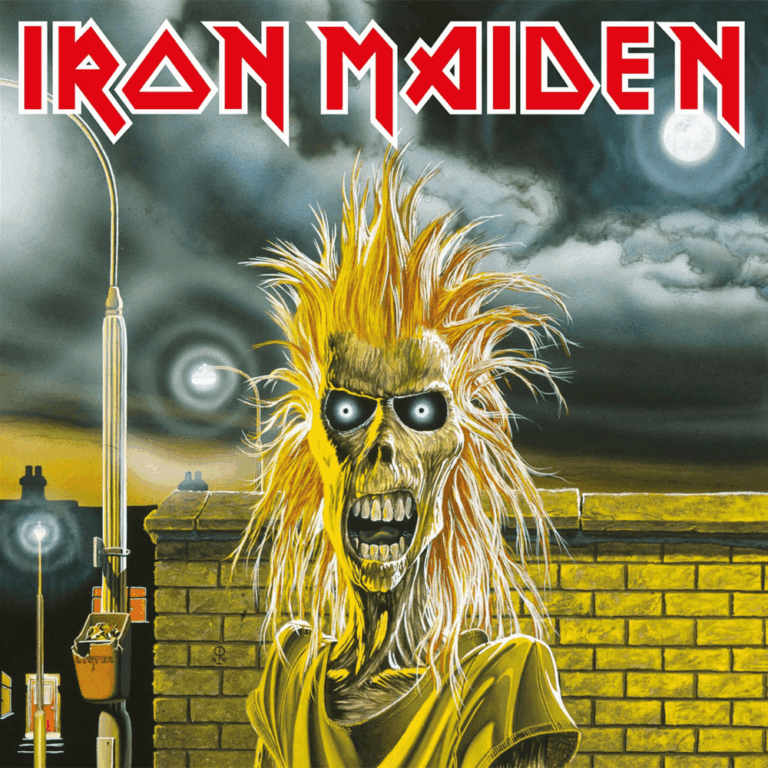 Das quadratische Albumcover zeigt eine Illustration einer zombieartigen Figur mit struppigem, gelb-orangem Haar vor einem nächtlichen Stadtpanorama mit Backsteinmauer. Über der Szenerie prangt der ikonische rote Schriftzug der Band in gezackten Großbuchstaben.