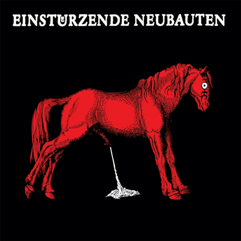 Das Bild zeigt das Albumcover von „Haus der Lüge“ der Band Einstürzende Neubauten. Auf tiefschwarzem Hintergrund ist im Zentrum ein rotes, feingliedrig gezeichnetes Pferd in Seitenansicht zu sehen. Das Tier wirkt angespannt und uriniert einen dicken, weißen Strahl auf den Boden. Am Kopf des Pferdes ist ein kreisförmiges Symbol mit einem Kreuz angebracht, das an ein Auge oder eine Zielscheibe erinnert. Am oberen Bildrand steht in weißen, serifenbetonten Großbuchstaben der Bandname.