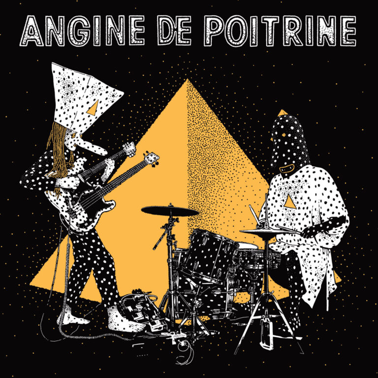 Das quadratische Albumcover zeigt zwei stilisierte Figuren in schwarz-weiß gepunkteten Ganzkörperanzügen und skurrilen, geometrischen Kopfbedeckungen vor einem großen, gelben Dreieck auf schwarzem Grund. Die linke Figur spielt eine doppelhalsige E-Gitarre, die rechte sitzt an einem Schlagzeug; über der Szenerie steht in weißer Outline-Schrift der Bandname Angine de Poitrine.