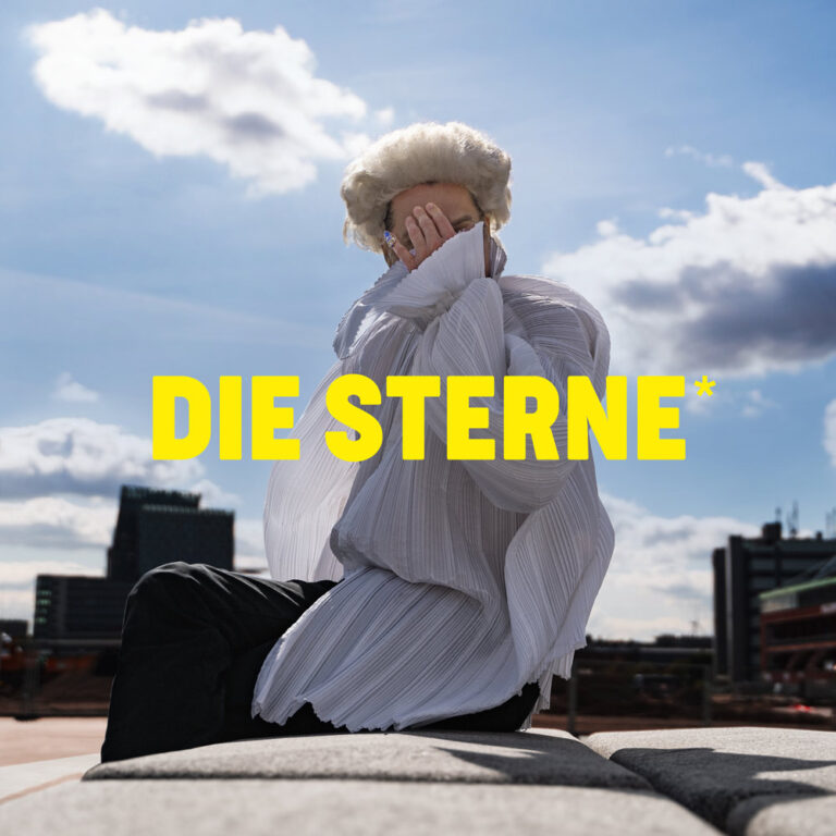Das quadratische Albumcover zeigt Frank Spilker vor einem hellblauen Himmel mit weißen Wolken. Er trägt ein weißes Hemd und hält sich die rechte Hand schützend vor die Augen, während im Vordergrund der Bandname Die Sterne in fetten, neongelben Großbuchstaben prangt.