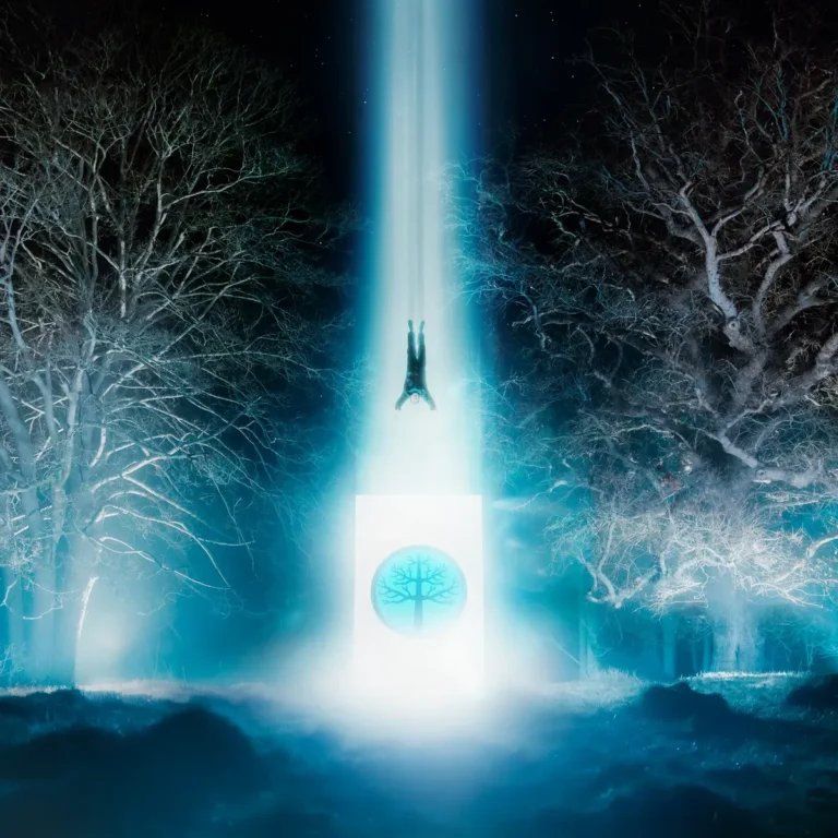 Ein quadratisches Albumcover zeigt eine nächtliche Waldszene in kühlen Blau- und Weißtönen. Im Zentrum steht ein leuchtendes, weißes Rechteck mit einem kreisrunden Fenster, in dem die Silhouette eines Baumes zu sehen ist. Ein vertikaler Lichtstrahl schießt aus diesem Monolithen nach oben, in dessen Zentrum eine menschliche Figur kopfüber schwebt.