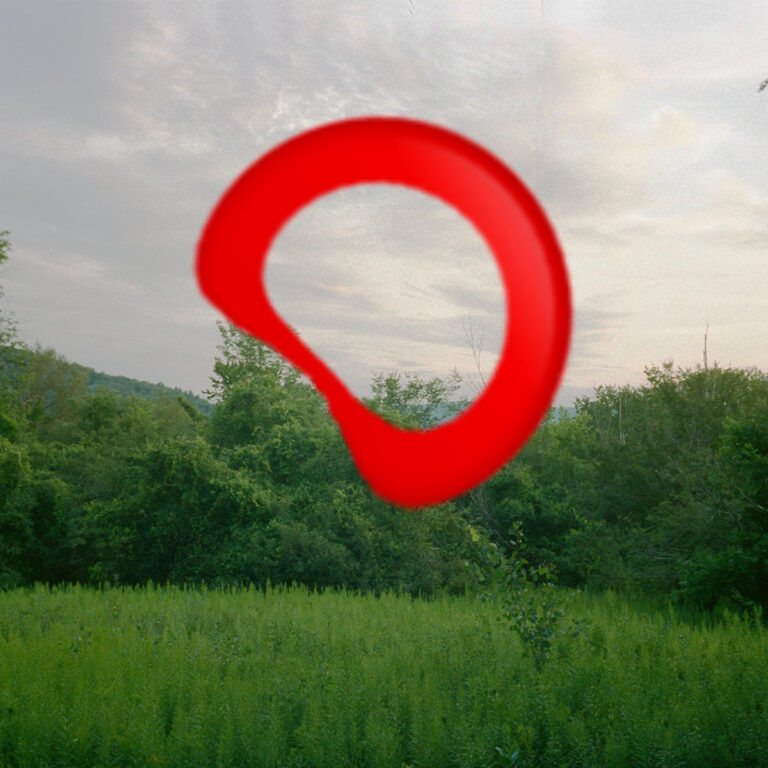 Das Bild zeigt eine Landschaftsaufnahme einer grünen Wiese und Bäumen unter einem bewölkten Abendhimmel. Zentral im Vordergrund schwebt ein dicker, unscharfer, leuchtend roter Ring, der wie eine handgezeichnete Markierung wirkt und den Fokus auf den Horizont unterbricht.