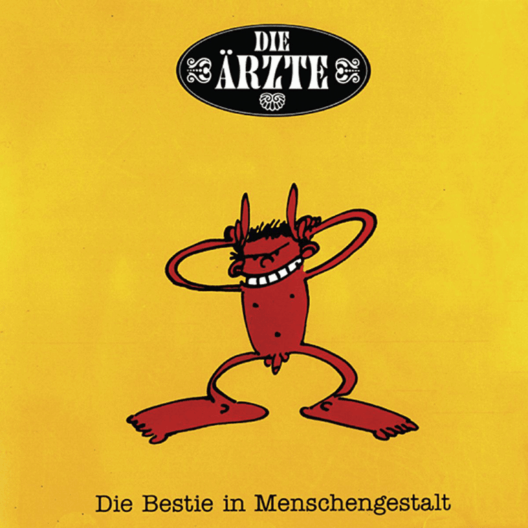 Das quadratische Albumcover zeigt ein rotes, teufelsähnliches Wesen mit kleinen Hörnern und breitem Grinsen auf leuchtend gelbem Hintergrund. Die Figur hält sich die Hände an den Kopf und steht breitbeinig da. Oben befindet sich das Logo der Band „Die Ärzte“ in einer schwarzen Ellipse, unten steht der Albumtitel in Schreibmaschinenschrift.