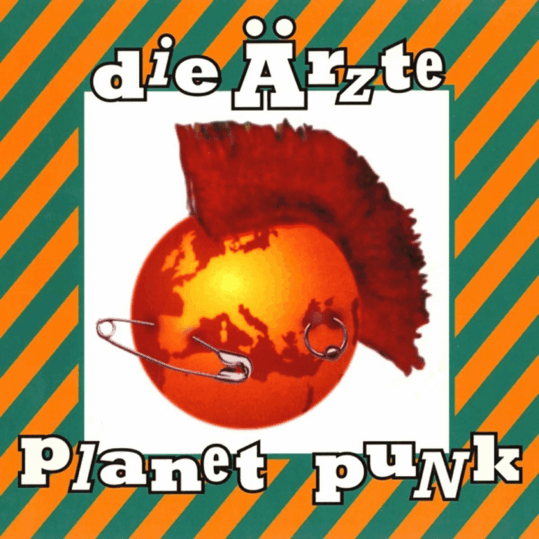 Das quadratische Albumcover zeigt eine orange-grün gestreifte Umrandung, die einen weißen Mittelteil einrahmt. Darin ist eine stilisierte Erdkugel abgebildet, die einen leuchtend roten Irokesenschnitt trägt und durch zwei Sicherheitsnadeln wie ein Piercing modifiziert wurde. Über dem Motiv steht der Schriftzug „die Ärzte“ in weißen, schwarz umrandeten Buchstaben, unten findet sich der Albumtitel „Planet Punk“ in einer ähnlichen, spielerischen Schriftart.