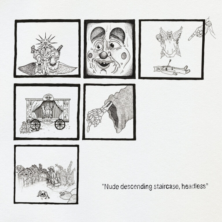 Eine Collage aus sechs quadratischen, schwarz-weiß gezeichneten Panels zeigt groteske und surreale Motive wie eine Sonnenfigur über Vögeln, ein weinendes Clownsgesicht, ein Skelettarm, der aus einer Robe greift, und eine ländliche Angelszene mit einem Totenkopf.
