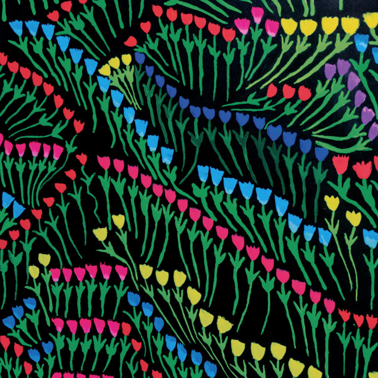 Das Bild zeigt ein abstraktes florales Muster auf tiefschwarzem Hintergrund. Zahlreiche stilisierte Blumen mit grünen Stielen und farbigen Blüten in Rot, Blau, Gelb, Pink und Violett ordnen sich in dynamischen, wellenförmigen Bahnen an, die das quadratische Format füllen.