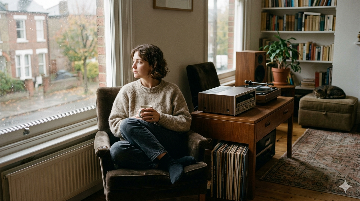 Eine junge Frau in einem grauen Strickpullover und dunklen Jeans sitzt nachdenklich mit einer Tasse in einem Sessel an einem großen Fenster an einem verregneten Tag. Neben ihr steht eine Stereoanlage mit einem Plattenspieler und einem Lautsprecher. Im Hintergrund sind Bücherregale und ein Sofa zu sehen.