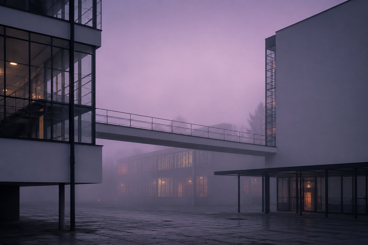 Ein nebelverhangener Bauhaus Innenhof in der Dämmerung zeigt klare geometrische Architektur, deren Konturen zwischen violettgrauem Nebel, warmen Fensterlichtern und aufziehender Dunkelheit allmählich verschwimmen.