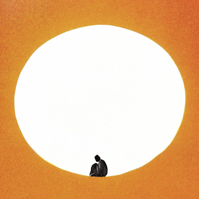 Eine kleine, sitzende Silhouette am unteren Rand eines großen weißen Kreises auf orangefarbenem Grund.