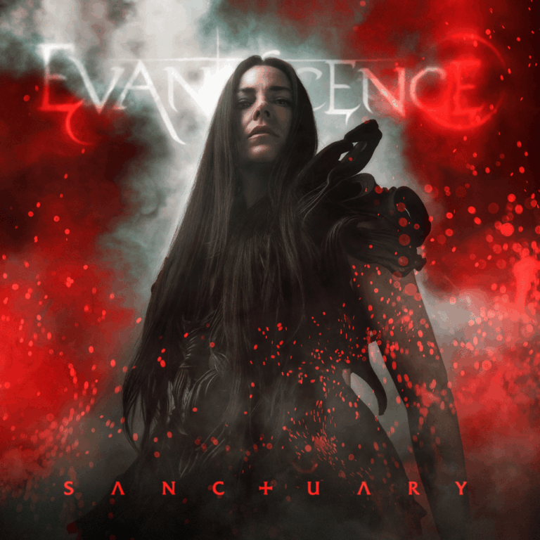 Albumcover von Evanescence für das Studioalbum Sanctuary im rot-schwarzen Nebel-Design mit Amy Lee im Zentrum.