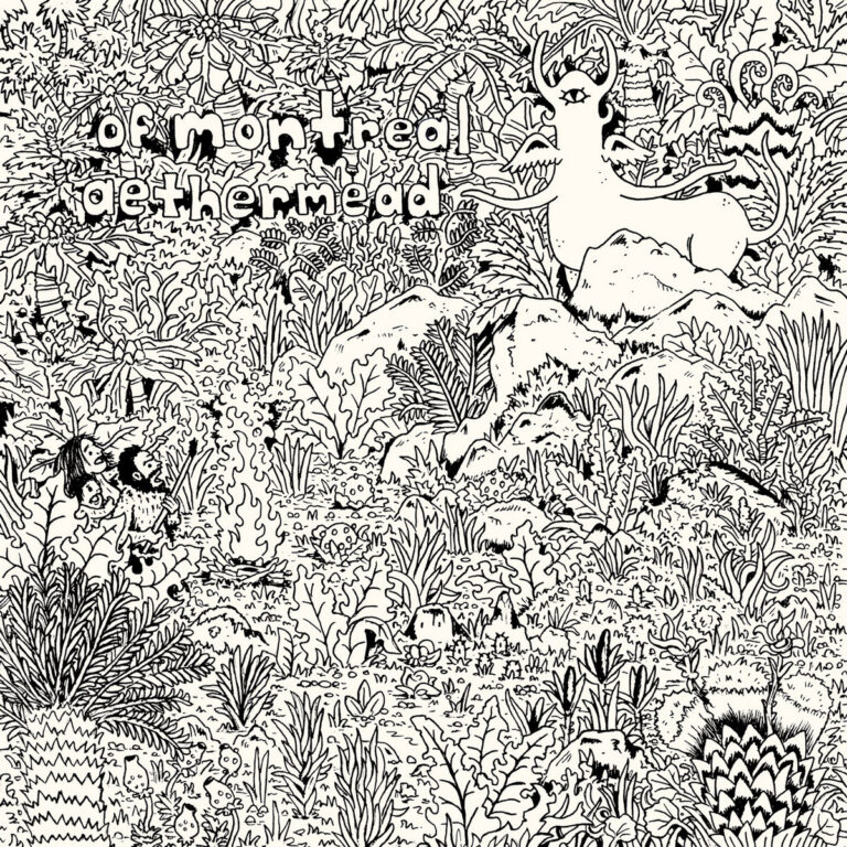 Eine detailreiche, schwarz-weiße Wimmelbild-Zeichnung eines dichten Dschungels mit Fabelwesen.