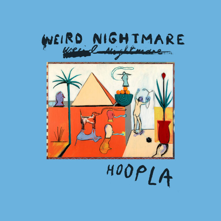 Surreales Gemälde mit Pyramide, Palme und Figuren auf hellblauem Grund als Albumcover für Hoopla.