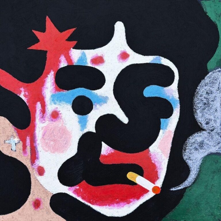 Abstraktes, buntes Porträt eines rauchenden Clownsgesichts im expressionistischen Stil mit dicken Pinselstrichen.