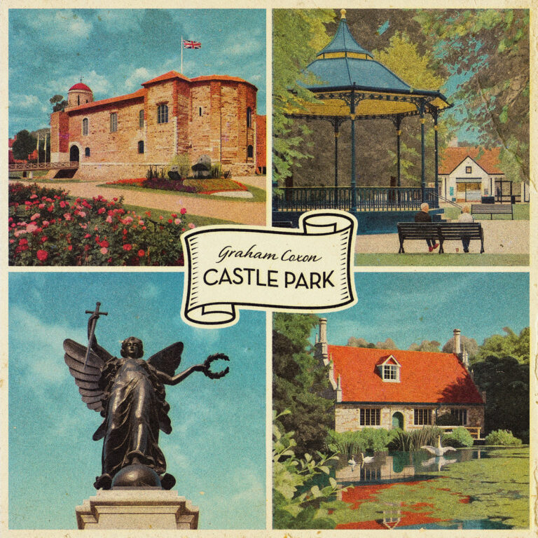 Vierteiliges Albumcover im Retro-Postkartenstil mit Ansichten eines Parks, einer Statue und eines historischen Gebäudes.