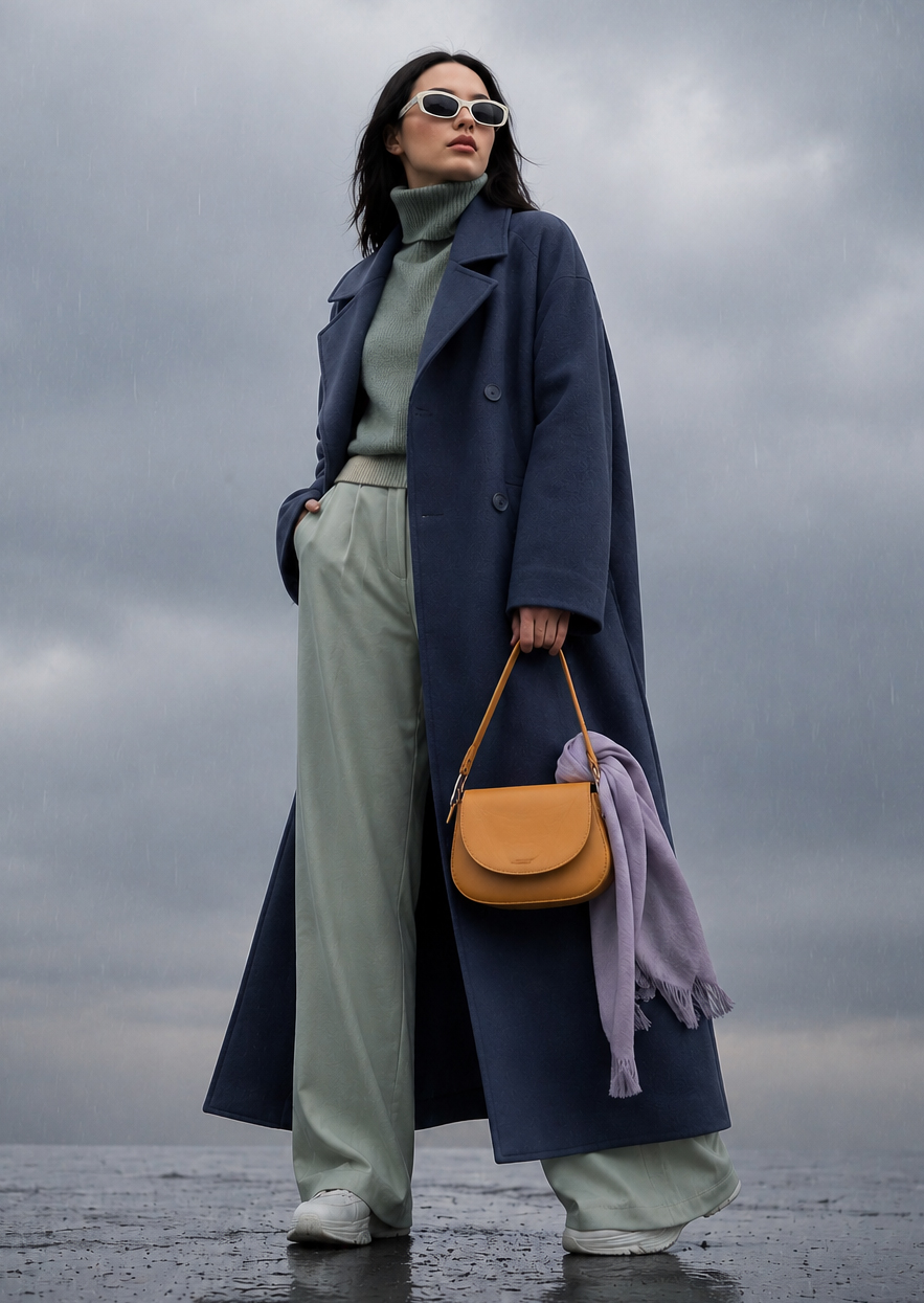 Eine melancholisch blickende Frau in einem von Regenfarben inspirierten Outfit steht unter weichen grauen Regenwolken, während feiner Niederschlag hinter ihr den Himmel in eine ruhige, nachdenkliche Atmosphäre taucht.