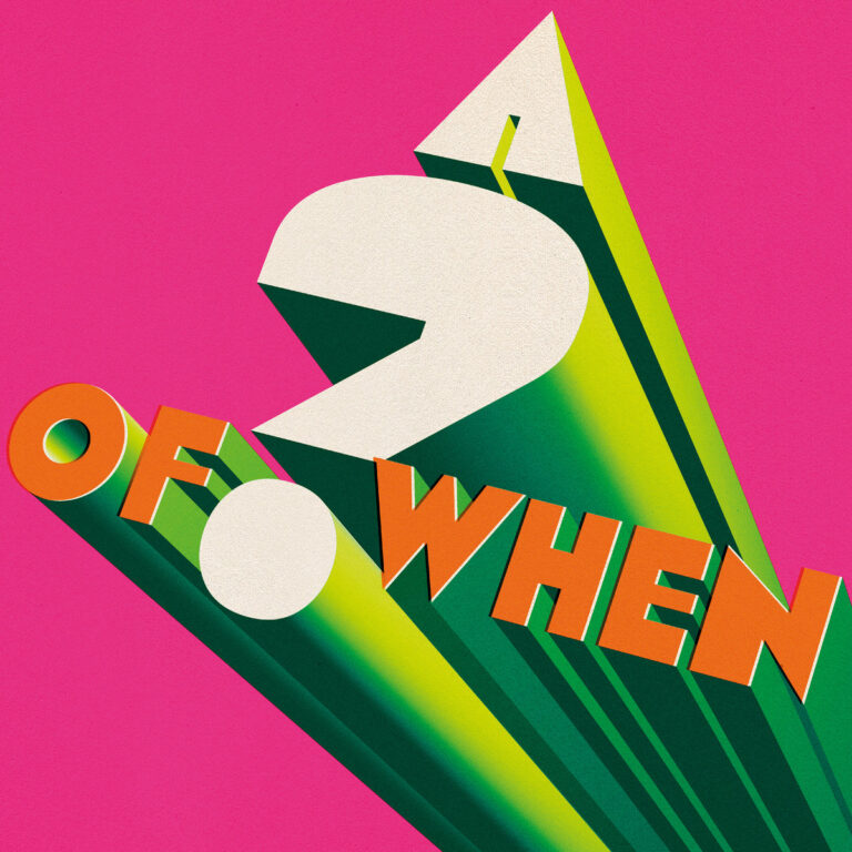 Dreidimensionale, farbenfrohe Typografie des Albumtitels vor einem leuchtend pinken Hintergrund.