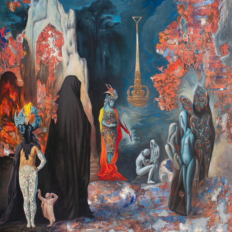 Surreales Ölgemälde mit mystischen, bläulichen Gestalten und prunkvollem Dekor in zerklüfteter Landschaft.