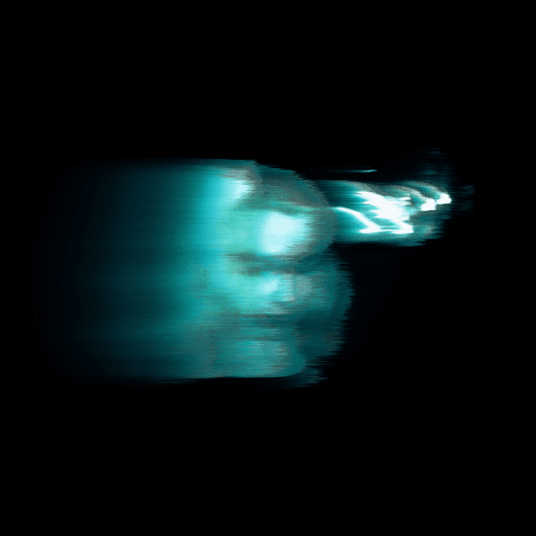 Eine verschwommene, blau leuchtende Hand vor tiefschwarzem Hintergrund.