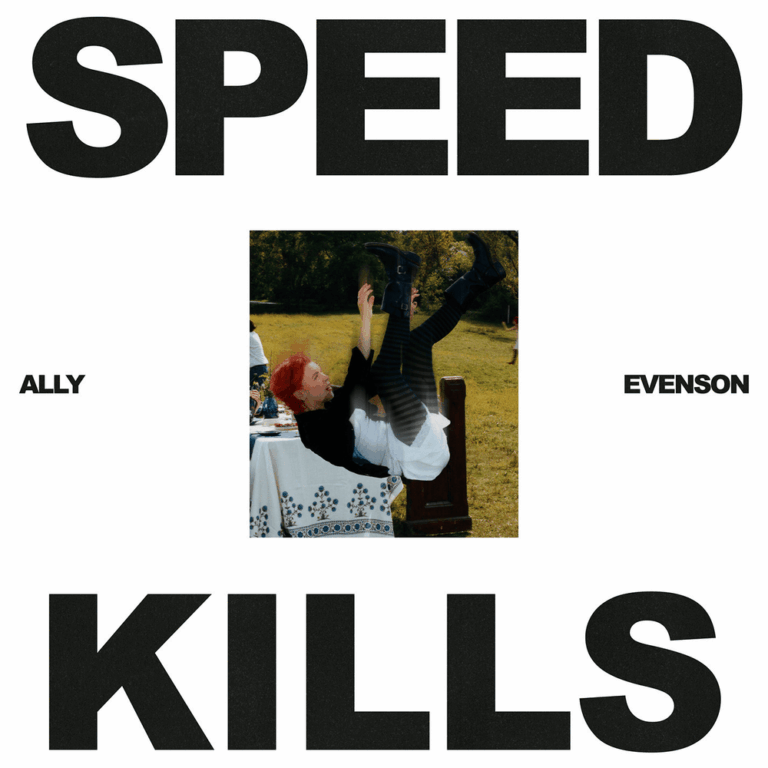 Ally Evenson rückwärts fallend auf dem quadratischen Coverfoto eines sonst nüchtern weißen Artworks.