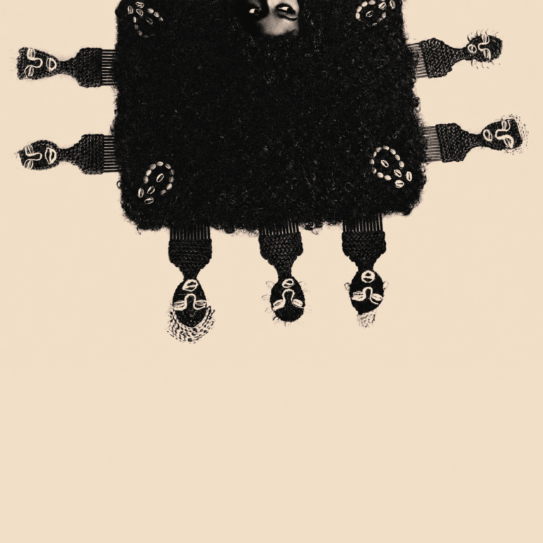 Eine stilisierte, quadratische Afro-Frisur in Tiefschwarz, aus deren Rändern Gesichter und Afrokämme wie Wurzeln herauswachsen.