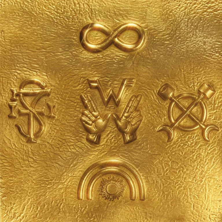 Goldene Prägung mit erhabenen Symbolen auf strukturierter metallischer Oberfläche.