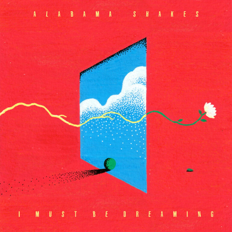 Illustrationsgrafik eines blauen Rahmens auf rotem Grund mit Wolken und Blume.
