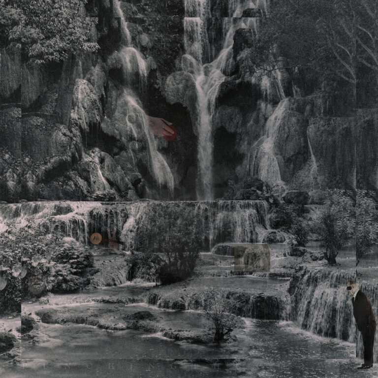 Monochrome Naturfotografie eines Wasserfalls in Grautönen mit kleinen Collage-Elementen und einer Person am Rand.