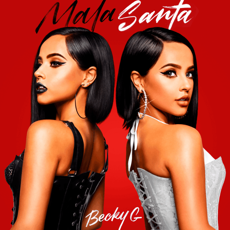 Sängerin Becky G auf doppeltem Profilbild vor rotem Hintergrund in schwarzer und weißer Kleidung.