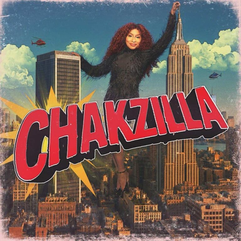 Grafische Illustration von Chaka Khan als riesenhafte Figur über den Wolkenkratzern New Yorks mit dem Schriftzug Chakzilla.